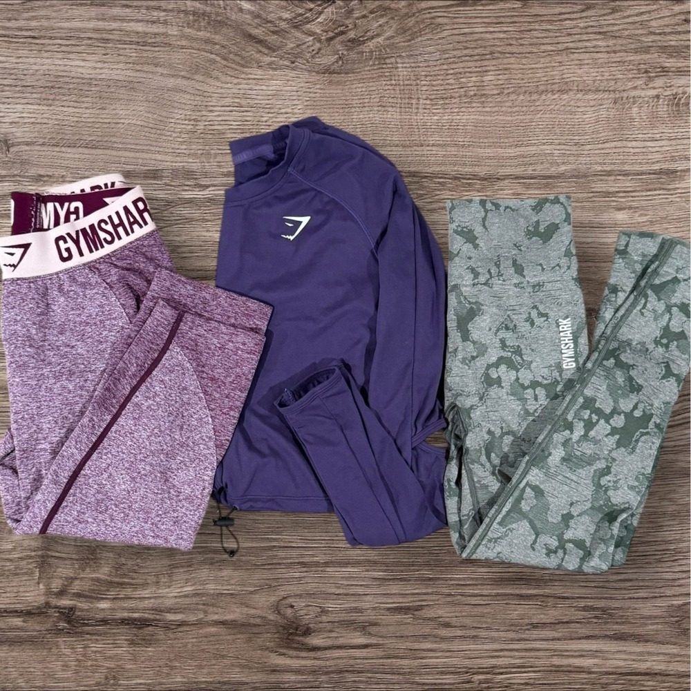 Lot of 3 Gymshark Leggings/Shirt Women S/M Purple Green Athletic Workout Gym